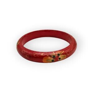 Red Floral Hand-Painted Bangle Bracelet – Vintage Boho